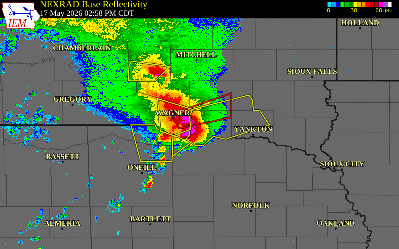 NEXRAD radar during the Sunday, May 17, 2026 storm activity in Bon Homme County, South Dakota