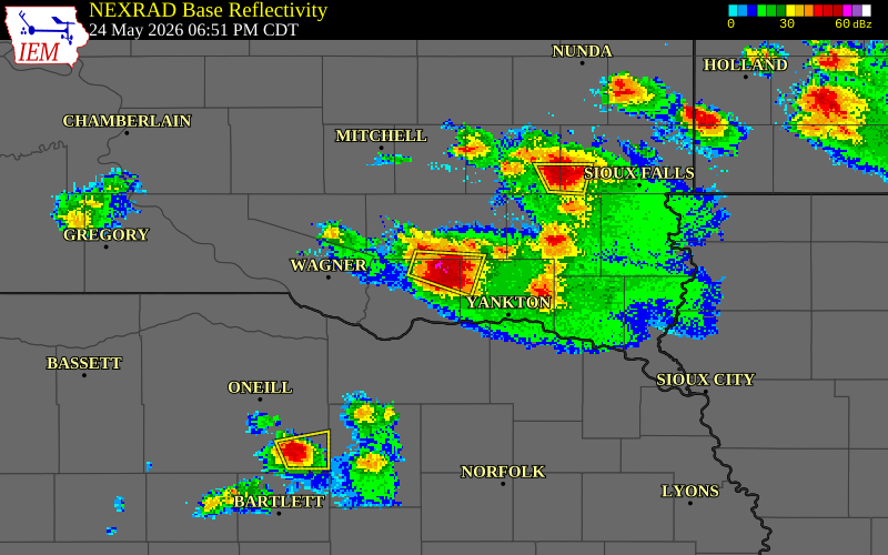 NEXRAD radar during the Sunday, May 24, 2026 storm activity in Bon Homme County, South Dakota