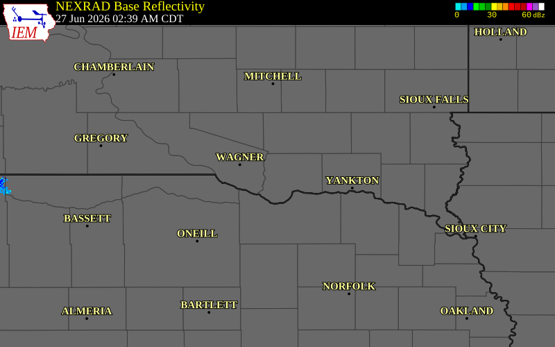NEXRAD radar during the Saturday, June 27, 2026 storm activity in Bon Homme County, South Dakota