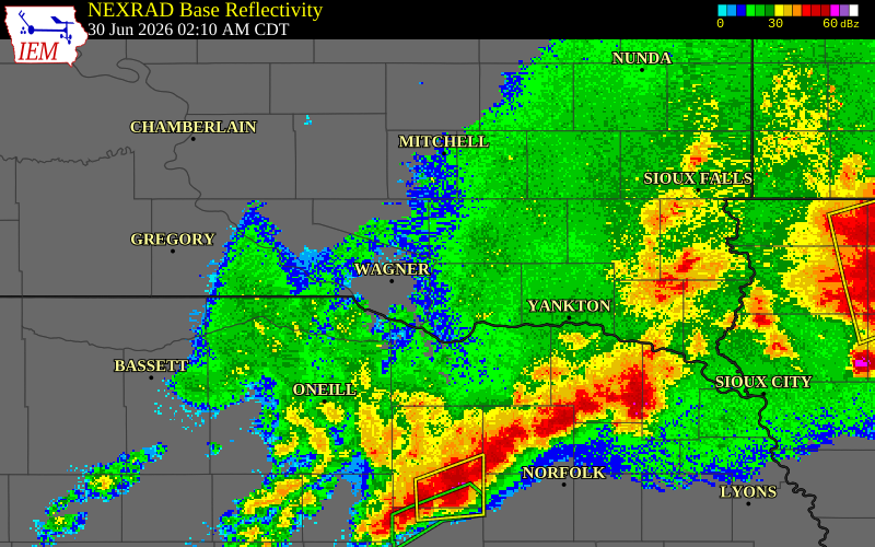 NEXRAD radar during the Tuesday, June 30, 2026 storm activity in Bon Homme County, South Dakota