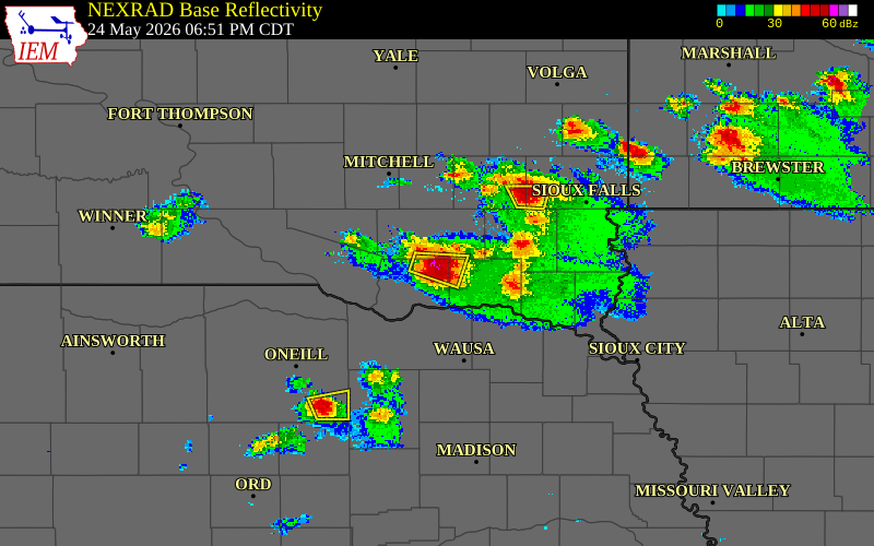 Radar snapshot during the May 24, 2026 hail event near 5 S Scotland, Bon Homme County, South Dakota, with NWS warning polygons