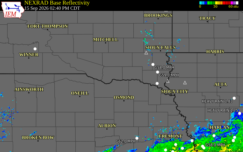 Current NEXRAD radar over Bon Homme County, South Dakota with recent storm report locations