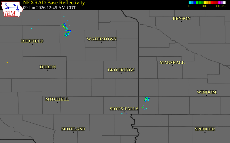 NEXRAD radar during the Tuesday, June 9, 2026 storm activity in Brookings County, South Dakota