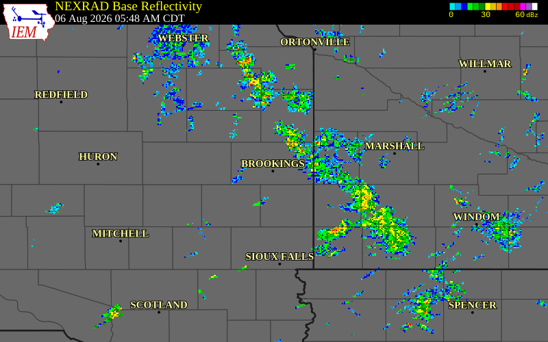 NEXRAD radar during the Thursday, August 6, 2026 storm activity in Brookings County, South Dakota
