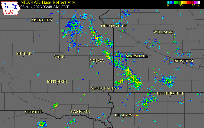 Radar snapshot during the Aug 6, 2026 hail event near 1 ENE Brookings, Brookings County, South Dakota, with NWS warning polygons