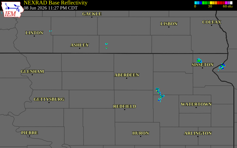 NEXRAD radar during the Monday, June 8, 2026 storm activity in Brown County, South Dakota