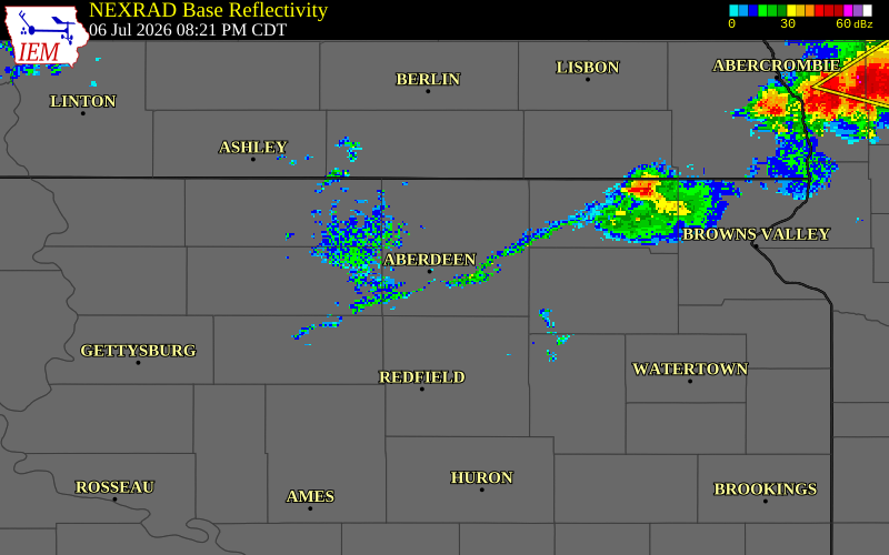 NEXRAD radar during the Monday, July 6, 2026 storm activity in Brown County, South Dakota