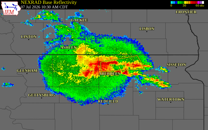 NEXRAD radar during the Tuesday, July 7, 2026 storm activity in Brown County, South Dakota