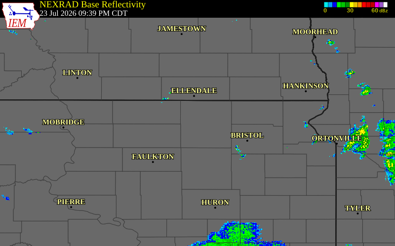 Radar snapshot during the Jul 23, 2026 hail event near 3 SSE Westport, Brown County, South Dakota, with NWS warning polygons