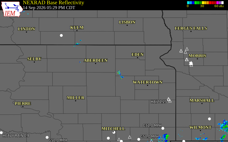 Current NEXRAD radar over Brown County, South Dakota with recent storm report locations