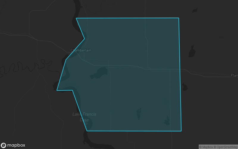Map of Brule County, South Dakota showing the county boundary and surrounding cities