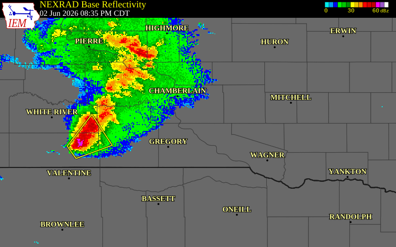 NEXRAD radar during the Tuesday, June 2, 2026 storm activity in Brule County, South Dakota