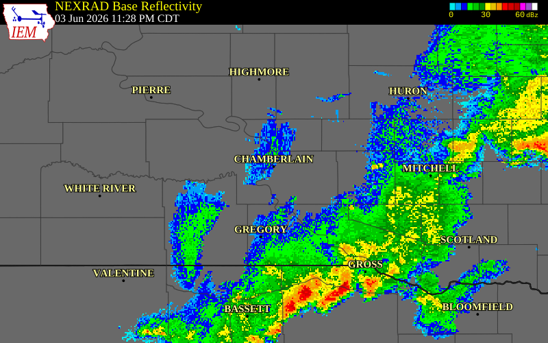 NEXRAD radar during the Wednesday, June 3, 2026 storm activity in Brule County, South Dakota