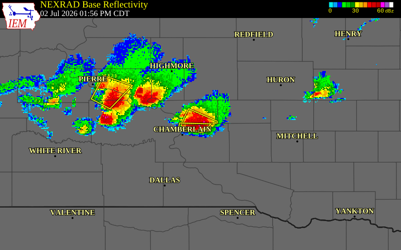 NEXRAD radar during the Thursday, July 2, 2026 storm activity in Brule County, South Dakota