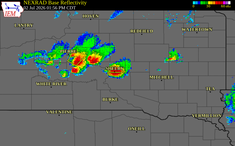 Radar snapshot during the Jul 2, 2026 hail event near 10 NNE Pukwana, Brule County, South Dakota, with NWS warning polygons
