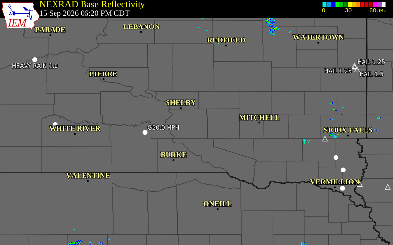 Current NEXRAD radar over Brule County, South Dakota with recent storm report locations