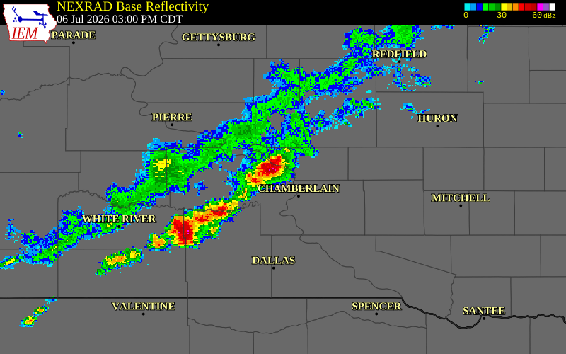 NEXRAD radar during the Monday, July 6, 2026 storm activity in Buffalo County, South Dakota