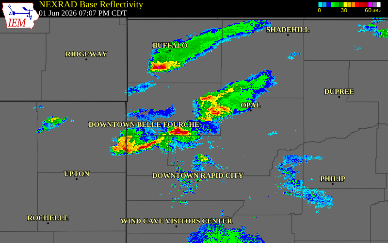NEXRAD radar during the Monday, June 1, 2026 storm activity in Butte County, South Dakota