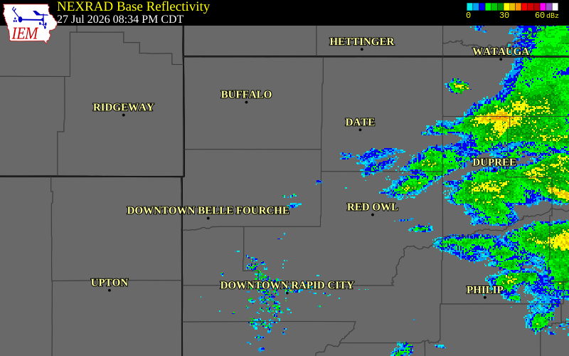 NEXRAD radar during the Monday, July 27, 2026 storm activity in Butte County, South Dakota