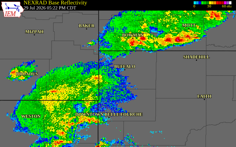 NEXRAD radar during the Wednesday, July 29, 2026 storm activity in Butte County, South Dakota