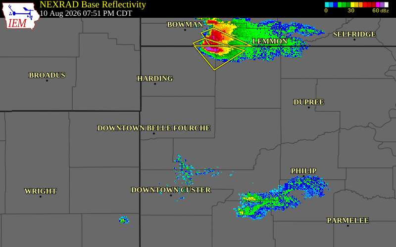 Radar snapshot during the Aug 10, 2026 wind event near 13 NE Newell, Butte County, South Dakota, with NWS warning polygons