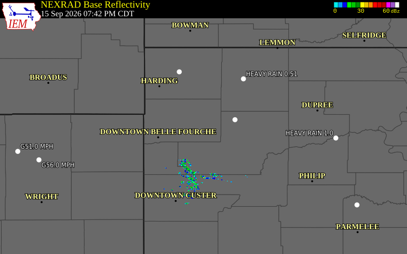 Current NEXRAD radar over Butte County, South Dakota with recent storm report locations