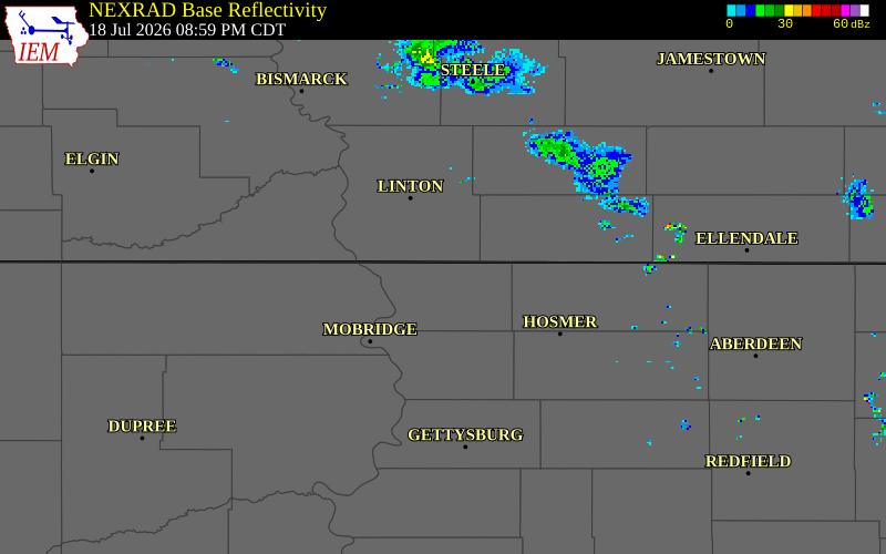 NEXRAD radar during the Saturday, July 18, 2026 storm activity in Campbell County, South Dakota