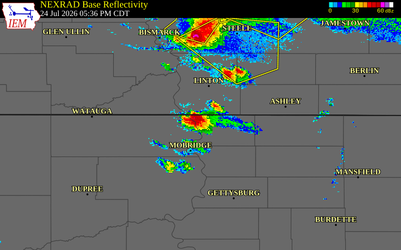NEXRAD radar during the Friday, July 24, 2026 storm activity in Campbell County, South Dakota