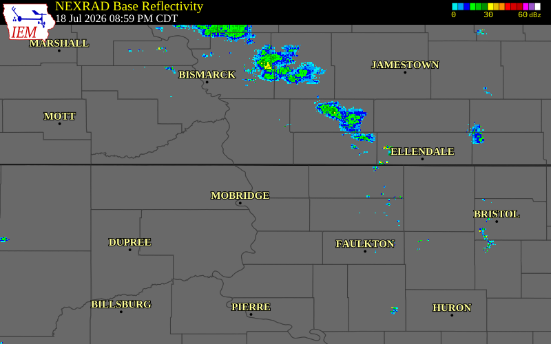 Radar snapshot during the Jul 18, 2026 wind event near 2 N Herreid, Campbell County, South Dakota, with NWS warning polygons