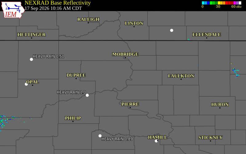 Current NEXRAD radar over Campbell County, South Dakota with recent storm report locations