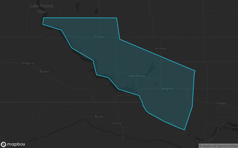 Map of Charles Mix County, South Dakota showing the county boundary and surrounding cities