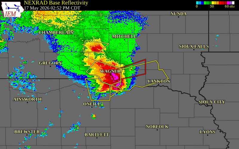 NEXRAD radar during the Sunday, May 17, 2026 storm activity in Charles Mix County, South Dakota
