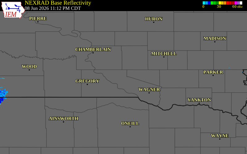 NEXRAD radar during the Monday, June 8, 2026 storm activity in Charles Mix County, South Dakota