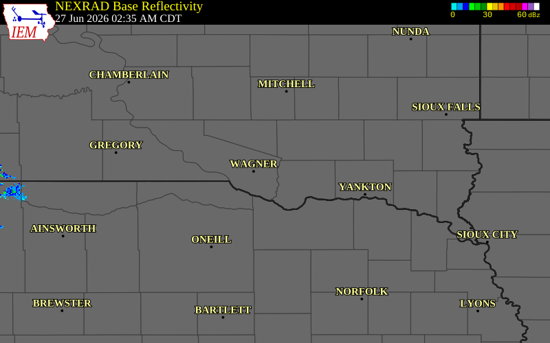 NEXRAD radar during the Saturday, June 27, 2026 storm activity in Charles Mix County, South Dakota