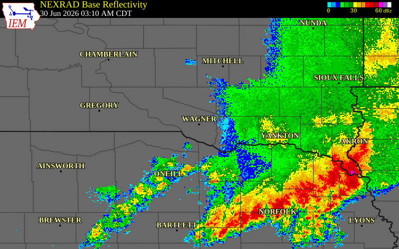 NEXRAD radar during the Tuesday, June 30, 2026 storm activity in Charles Mix County, South Dakota