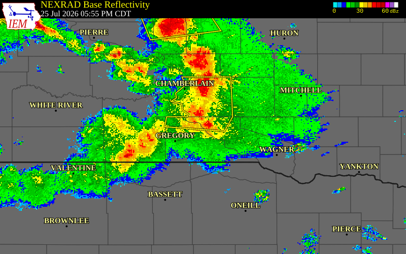 NEXRAD radar during the Saturday, July 25, 2026 storm activity in Charles Mix County, South Dakota