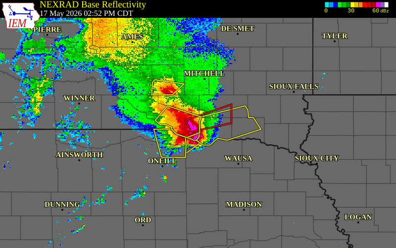Radar snapshot during the May 17, 2026 wind event near 4 NE Dante, Charles Mix County, South Dakota, with NWS warning polygons