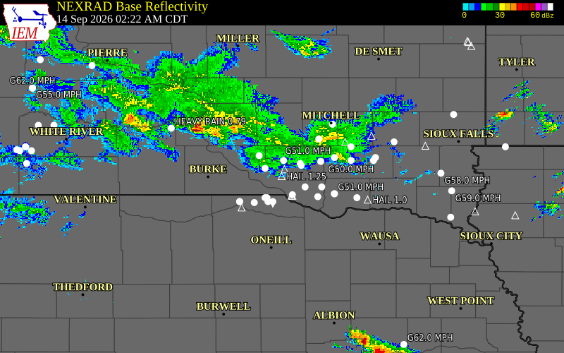 Current NEXRAD radar over Charles Mix County, South Dakota with recent storm report locations