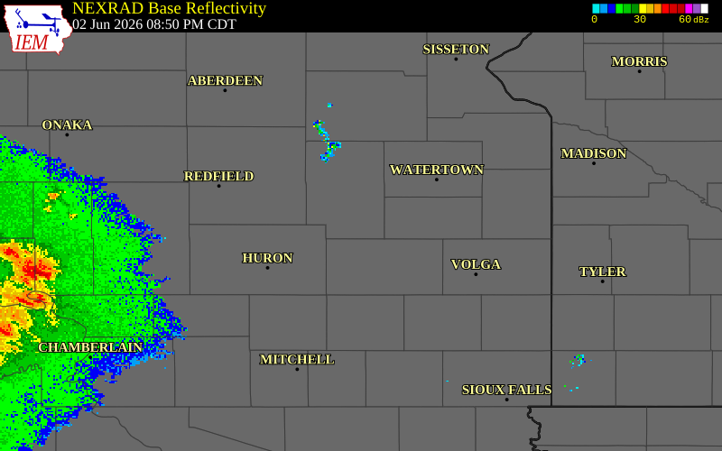 NEXRAD radar during the Tuesday, June 2, 2026 storm activity in Clark County, South Dakota