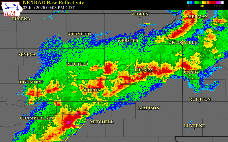 NEXRAD radar during the Wednesday, June 3, 2026 storm activity in Clark County, South Dakota