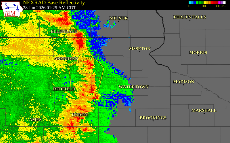 NEXRAD radar during the Sunday, June 28, 2026 storm activity in Clark County, South Dakota