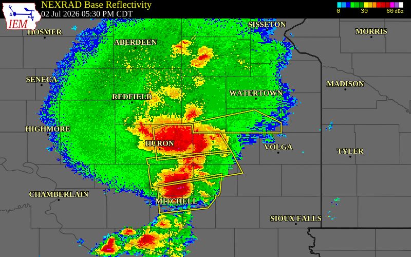 NEXRAD radar during the Thursday, July 2, 2026 storm activity in Clark County, South Dakota