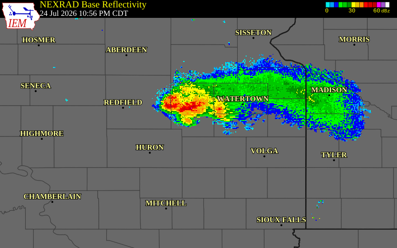 NEXRAD radar during the Friday, July 24, 2026 storm activity in Clark County, South Dakota