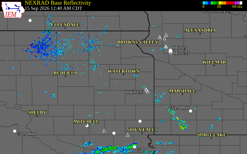 Current NEXRAD radar over Clark County, South Dakota with recent storm report locations