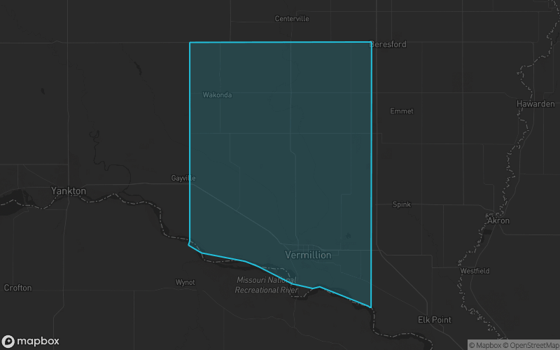 Map of Clay County, South Dakota showing the county boundary and surrounding cities