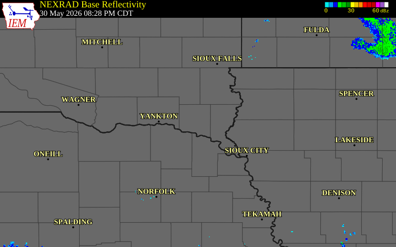 NEXRAD radar during the Saturday, May 30, 2026 storm activity in Clay County, South Dakota