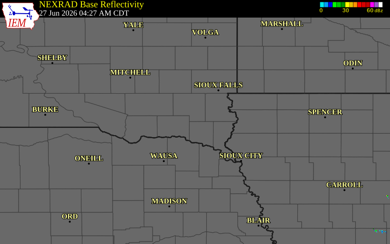 Radar snapshot during the Jun 27, 2026 wind event near 4 E Irene, Clay County, South Dakota, with NWS warning polygons
