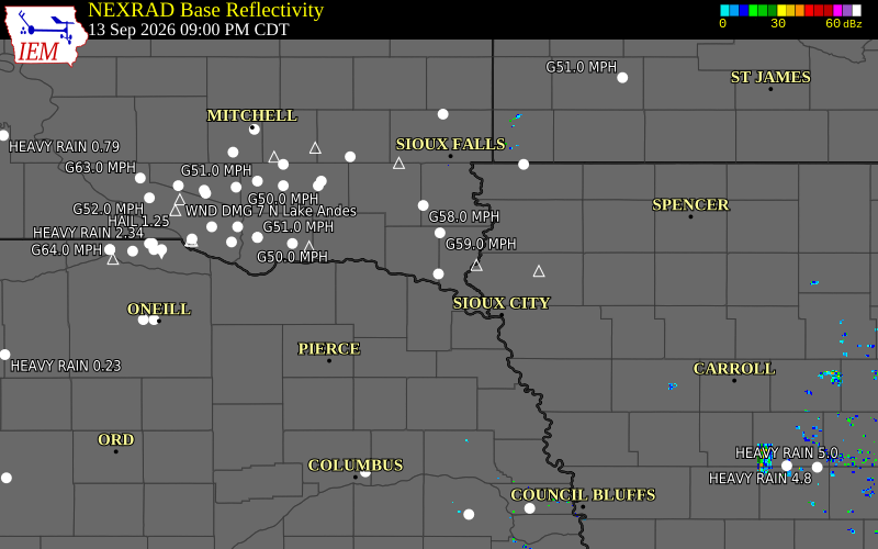 Current NEXRAD radar over Clay County, South Dakota with recent storm report locations