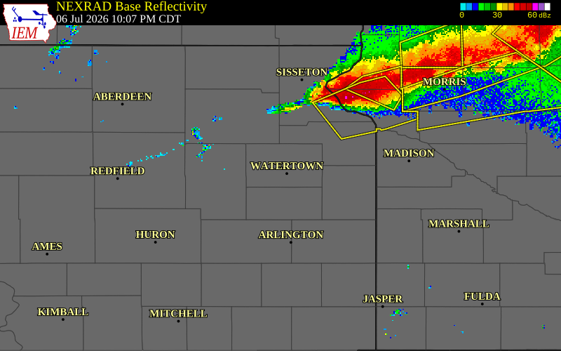NEXRAD radar during the Monday, July 6, 2026 storm activity in Codington County, South Dakota