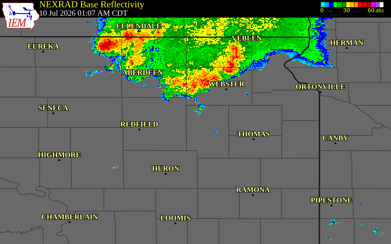 NEXRAD radar during the Friday, July 10, 2026 storm activity in Codington County, South Dakota